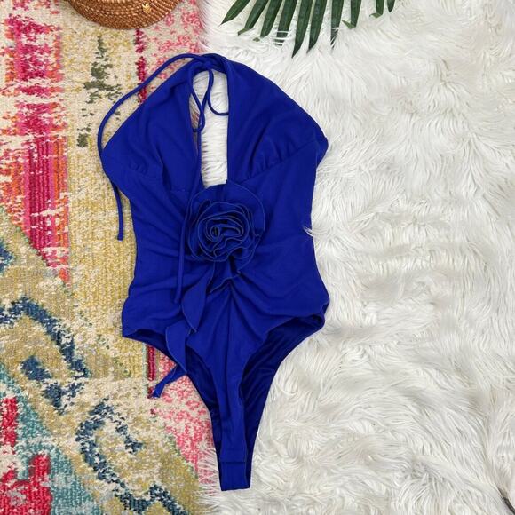 Zara Royal Blue Cinched Flower Applique Halter Romper Tank Top Small Y2K Style - Picture 1 of 5